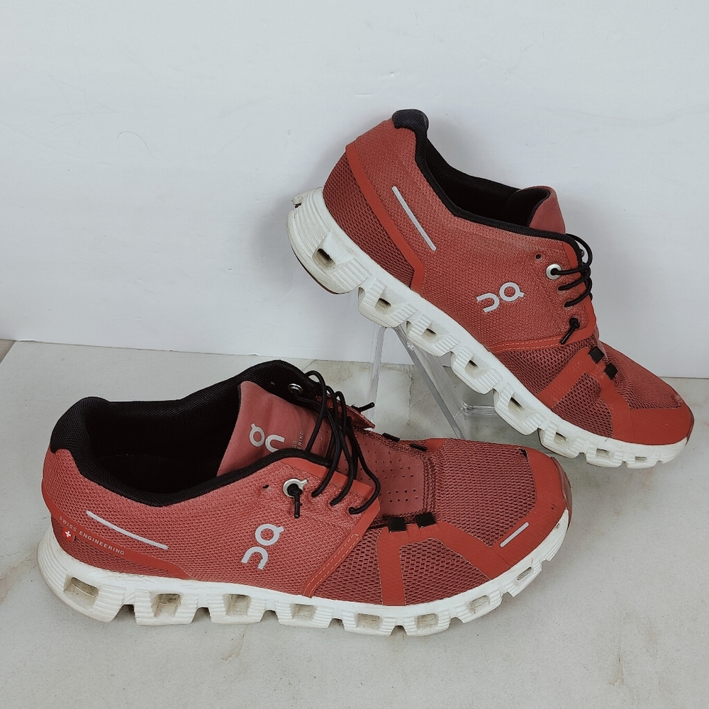 On Running Coral-Red and White Sneakers